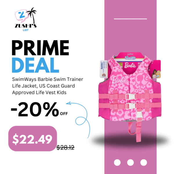 SwimWays Barbie Swim Trainer Life Jacket, US Coast Guard Approved Life Vest Kids Swim Vest, Pool Floats & Life Jackets for Kids 33-55 lbs