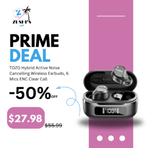 TOZO Hybrid Active Noise Cancelling Wireless Earbuds, 6 Mics ENC Clear Call, IPX8 Waterproof, in Ear Bluetooth 5.3 Headphones Stereo Bass Ear Buds 59H Playtime with LED Display 32 EQs via APP