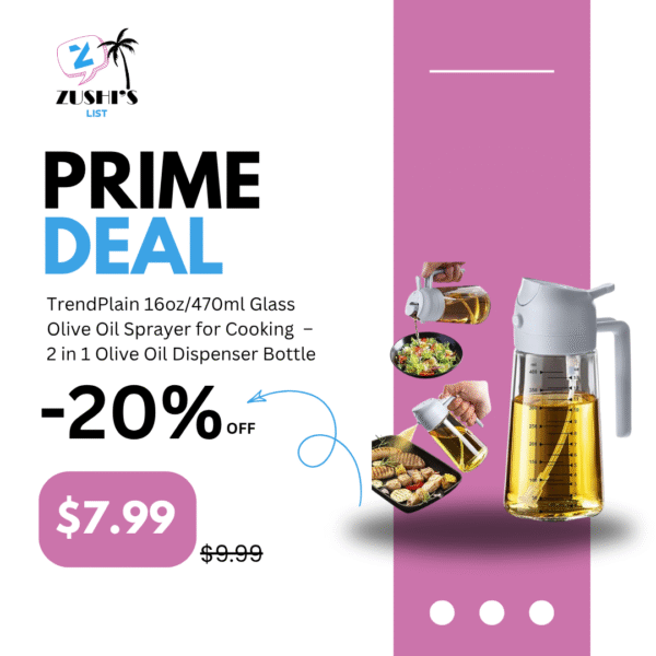 TrendPlain 16oz/470ml Glass Olive Oil Sprayer for Cooking – 2 in 1 Olive Oil Dispenser Bottle for Kitchen Gadgets and Air Fryer Accessories, Salad, BBQ - Ash