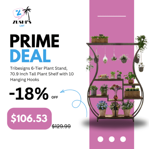 Tribesigns 6-Tier Plant Stand, 70.9 Inch Tall Plant Shelf with 10 Hanging Hooks, Vase Shape Ladder Plant Stand, Multi-Purpose Plant Display Rack for Indoor, Balcony, Living Room, Brown and Black