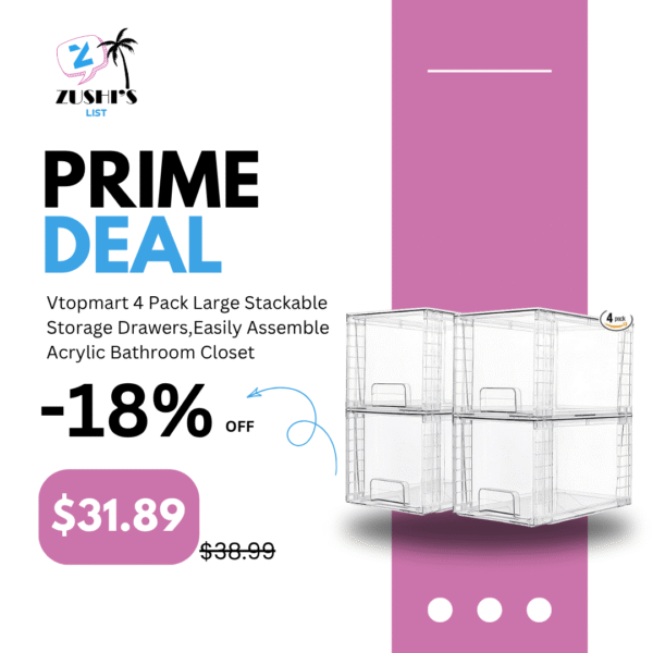 Vtopmart 4 Pack Large Stackable Storage Drawers,Easily Assemble Acrylic Bathroom Closet Undersink Organizers and Storage,Plastic Bins for Kitchen Cabinets,Pantry,Makeup,Medicine Organization