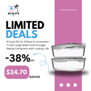 8 Cups/ 63 Oz 4 Piece (2 containers + 2 Lids) Large Glass Food Storage/ Baking Containers with Locking Lids . Ideal for Storing food, vegetables or fruits. BPA Free & Leak Proof -Microwave, Oven Safe