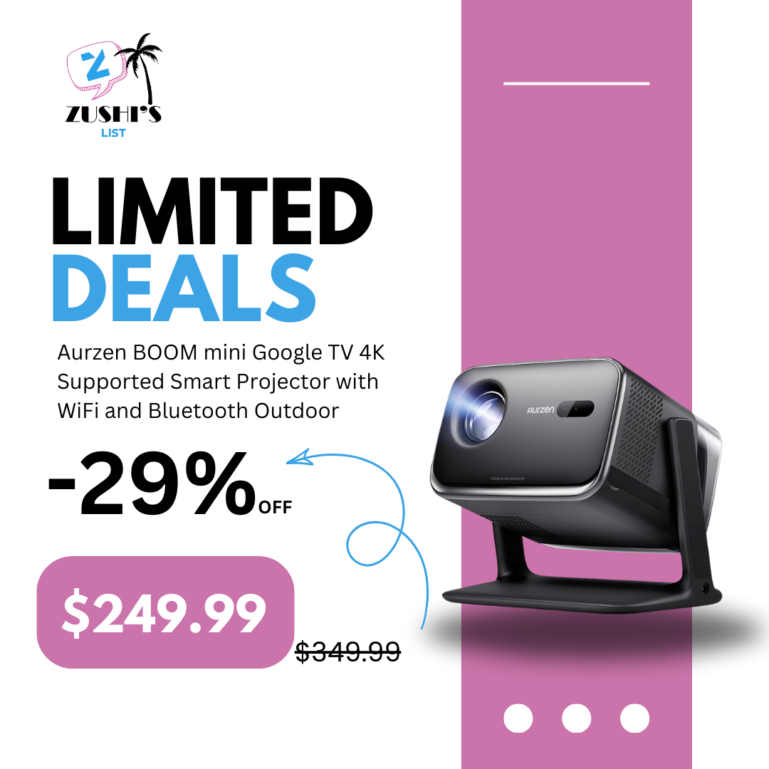 Aurzen BOOM mini Google TV 4K Supported Smart Projector with WiFi and Bluetooth, Outdoor & Home Movie Projector with 20W Speakers DoIby Audio, Real-Time Focus & Keystone, 500 ANSI Lumens, Black