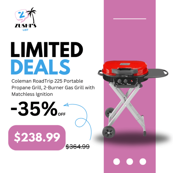 Coleman RoadTrip 225 Portable Propane Grill, 2-Burner Gas Grill with Matchless Ignition & Adjustable Temperature Control, 11,000 BTUs of Power for Grilling, Tailgating, Camping, BBQ, & More