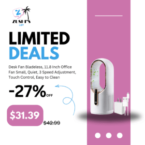 Desk Fan Bladeless, 11.8 Inch Office Fan Small, Quiet, 3 Speed Adjustment, Touch Control, Easy to Clean, Desk Fans Small Quiet, Ideal for Office, Living Room, Bedroom