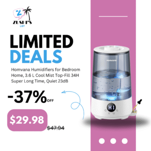 Homvana Humidifiers for Bedroom Home, 3.6 L Cool Mist Top-Fill 34H Super Long Time, Quiet 23dB, Baby Humidifier, Oil Diffuser for Large Room, Plants, Nursery, Office BPA FREE, 7 Color Light Ultrasonic