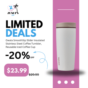 Owala SmoothSip Slider Insulated Stainless Steel Coffee Tumbler, Reusable Iced Coffee Cup, Hot Coffee Travel Mug, BPA Free 20 oz, Tan/White (Vanilla Bean)