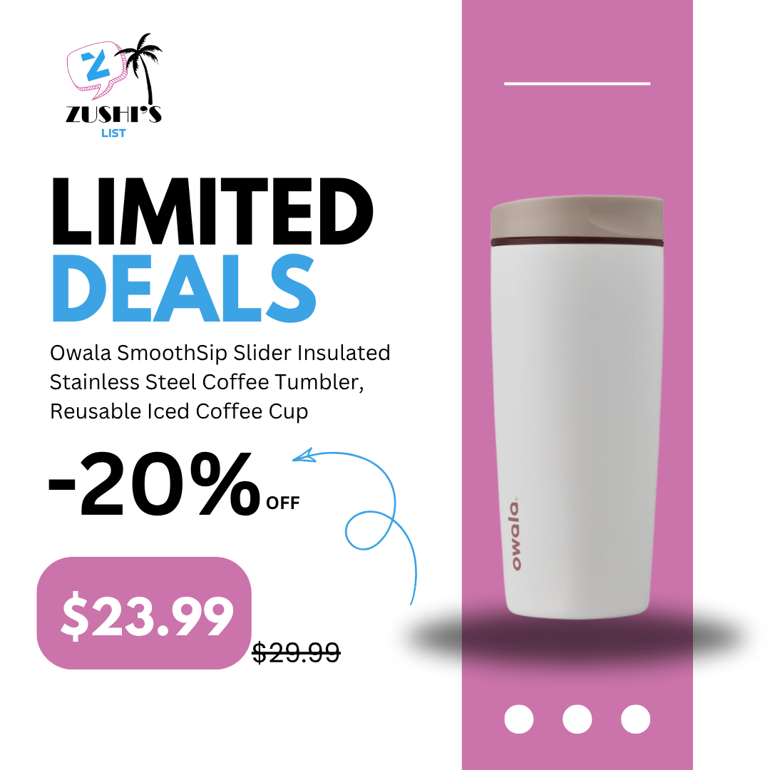 Owala SmoothSip Slider Insulated Stainless Steel Coffee Tumbler, Reusable Iced Coffee Cup, Hot Coffee Travel Mug, BPA Free 20 oz, Tan/White (Vanilla Bean)