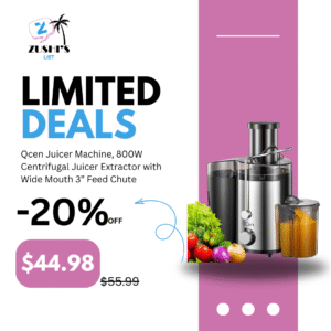 Qcen Juicer Machine, 800W Centrifugal Juicer Extractor with Wide Mouth 3” Feed Chute for Fruit Vegetable, Easy to Clean, Stainless Steel, BPA-free (Black)