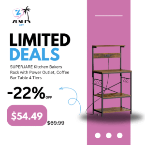 SUPERJARE Kitchen Bakers Rack with Power Outlet, Coffee Bar Table 4 Tiers, Kitchen Microwave Stand with 6 S-shaped Hooks, Storage Shelf Rack for Spices, Pots and Pans - Rustic Brown