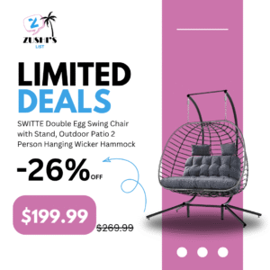 SWITTE Double Egg Swing Chair with Stand, Outdoor Patio 2 Person Hanging Wicker Hammock Chairs with Cushion for Indoor Bedroom, Lawn, Garden-Dark Grey