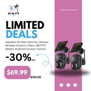 Septekon 2K Solar Security Cameras Wireless Outdoor 2 Pack, 360°PTZ Battery Powered Outdoor Camera, 2.4G WiFi Camera with Spotlight Color Night Vision, Motion Sensor Alarm, IP66, Black