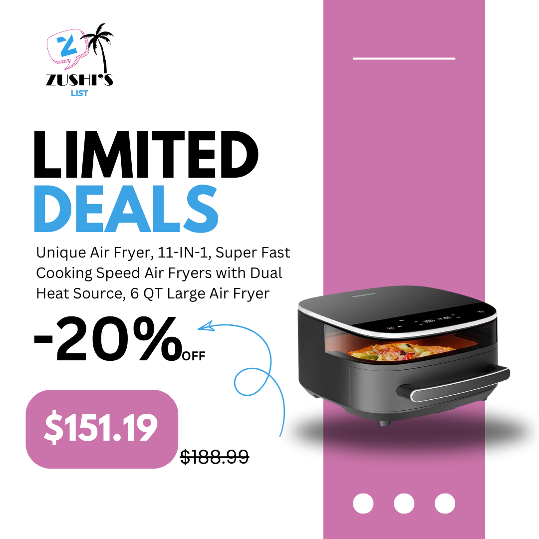 Unique Air Fryer, 11-IN-1, Super Fast Cooking Speed Air Fryers with Dual Heat Source, 6 QT Large Air Fryer, Non Toxic Air Fryers Stainless Steel, Bigger Cook Area, Perfect for Making 12 Inch Pizza