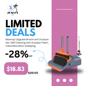 kelamayi Upgrade Broom and Dustpan Set, Self-Cleaning with Dustpan Teeth, Indoor&Outdoor Sweeping, Ideal for Dog Cat Pets Home Use, Stand Up Broom and Dustpan (Gray&Orange)