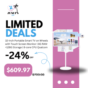 32-Inch Portable Smart TV on Wheels with Touch Screen Monitor | 8G RAM +128G Storage | 8-core CPU Qualcomm | Built-in 8-10H Battery | 8MP Webcam | Android 13 OS | Full Swivel Rotation | Remote Control
