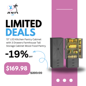 72" LED Kitchen Pantry Cabinet with 3 Drawers Farmhouse Tall Storage Cabinet Wood Food Pantry with Barn Doors and Adjustable Shelves Versatile Storage Freestanding Cupboard for Kitchen