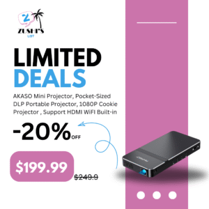 AKASO Mini Projector, Pocket-Sized DLP Portable Projector, 1080P Cookie Projector , Support HDMI WiFI Built-in Rechargeable Battery Stereo Speakers and Remote Control Movie Projector