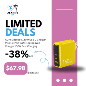 AOHI Magcube 140W USB C Charger PD3.1 3-Port GaN+ Laptop Wall Charger 100W Fast Charging Power Adapter Foldable Plug for MacBook Pro 16'', Dell XPS, iPad Pro, Galaxy, iPhone 15 Pro, Chromebook, Yellow