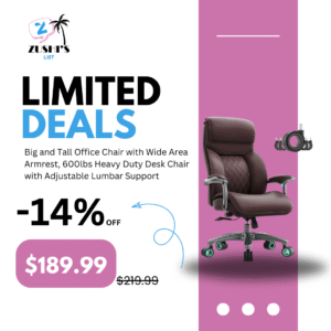Big and Tall Office Chair with Wide Area Armrest, 600lbs Heavy Duty Desk Chair with Adjustable Lumbar Support, PU Leather High Back Ergonomic Executive Computer Chair with 3'' Silent Casters