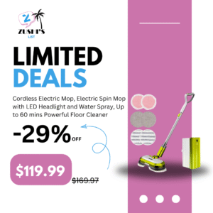 Cordless Electric Mop, Electric Spin Mop with LED Headlight and Water Spray, Up to 60 mins Powerful Floor Cleaner with 300ml Water Tank & Detachable Battery, Super Quiet Cleaning & Waxing