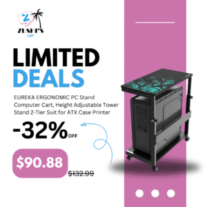 EUREKA ERGONOMIC PC Stand Computer Cart, Height Adjustable Tower Stand 2-Tier Suit for ATX Case Printer, Metal Rolling Cart on Wheels for Gaming Home Office, Black