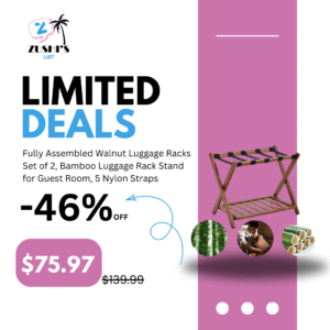 Fully Assembled Walnut Luggage Racks Set of 2, Bamboo Luggage Rack Stand for Guest Room, 5 Nylon Straps, 26.77" Folding Suitcase Stand with Storage Shelf for Bedroom Hotel, Holds up to 165 Lbs