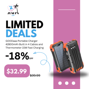 GOODaaa Portable Charger 42800mAh Built in 4 Cables and Thermometer 15W Fast Charging Power Bank Five Outputs Three Inputs Solar Charger Power Bank, SOS/Strobe/Strong Flashlights, Carabiner