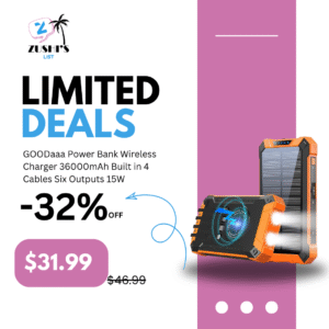 GOODaaa Power Bank Wireless Charger 36000mAh Built in 4 Cables Six Outputs 15W Fast Charging Power Bank for All Mobile Devices Three Inputs Solar Portable Charger with Dual Flashlights, Carabiner