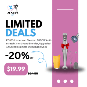 KOIOS Immersion Blender, 1000W Anti-scratch 3-in-1 Hand Blender, Upgraded 12 Speed Stainless Steel Blade Stick Blenders with Turbo Mode, Whisk and Milk Frother, Non-BPA