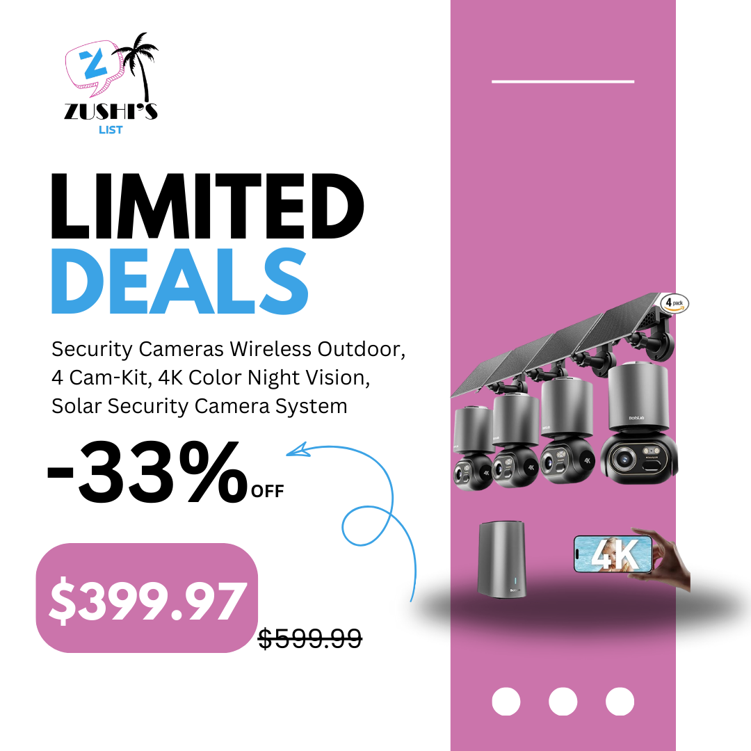 Security Cameras Wireless Outdoor, 4 Cam-Kit, 4K Color Night Vision, Solar Security Camera System with 360° PT, No Monthly Fee, 32GB Local Storage HomeBase, AI Recognition, DIY Installation