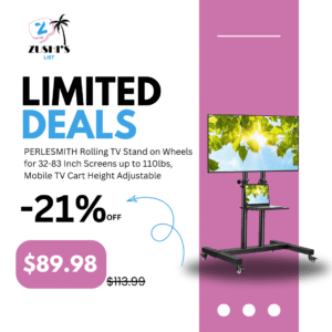PERLESMITH Rolling TV Stand on Wheels for 32-83 Inch Screens up to 110lbs, Mobile TV Cart Height Adjustable Portable Outdoor TV Stand Tilt Rolling TV Cart with Shelf Max VESA 600x400mm PSTVMC03