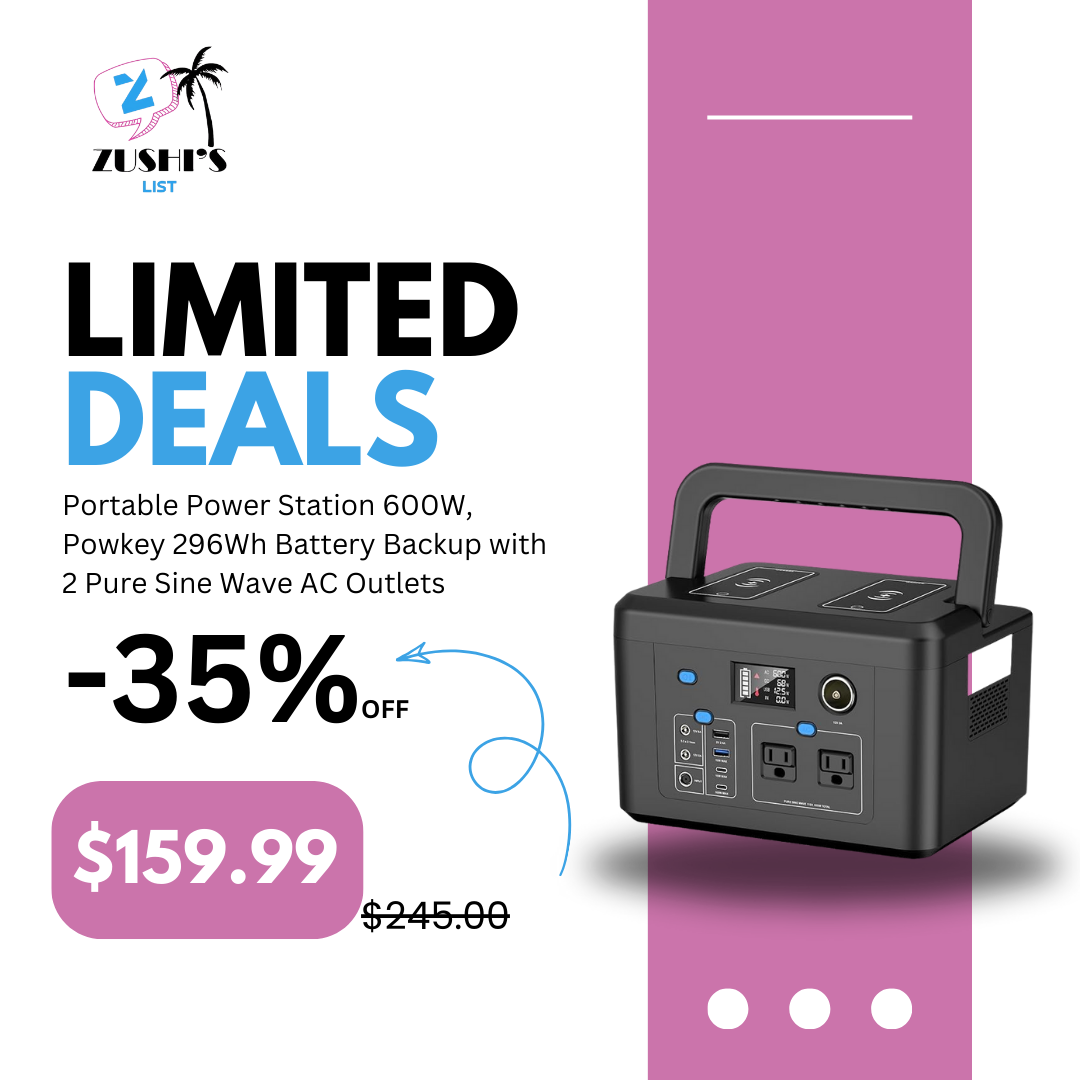 Portable Power Station 600W, Powkey 296Wh Battery Backup with 2 Pure Sine Wave AC Outlets, USB-C PD100W and 2 Wireless Chargers, Solar Generator (Solar Panel Optional) for Outdoor Camping/RVs/Home Use