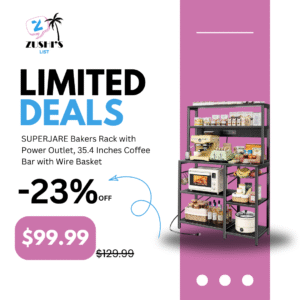 SUPERJARE Bakers Rack with Power Outlet, 35.4 Inches Coffee Bar with Wire Basket, Kitchen Microwave Stand with 6 S-Shaped Hooks, Open Storage Shelves, Black
