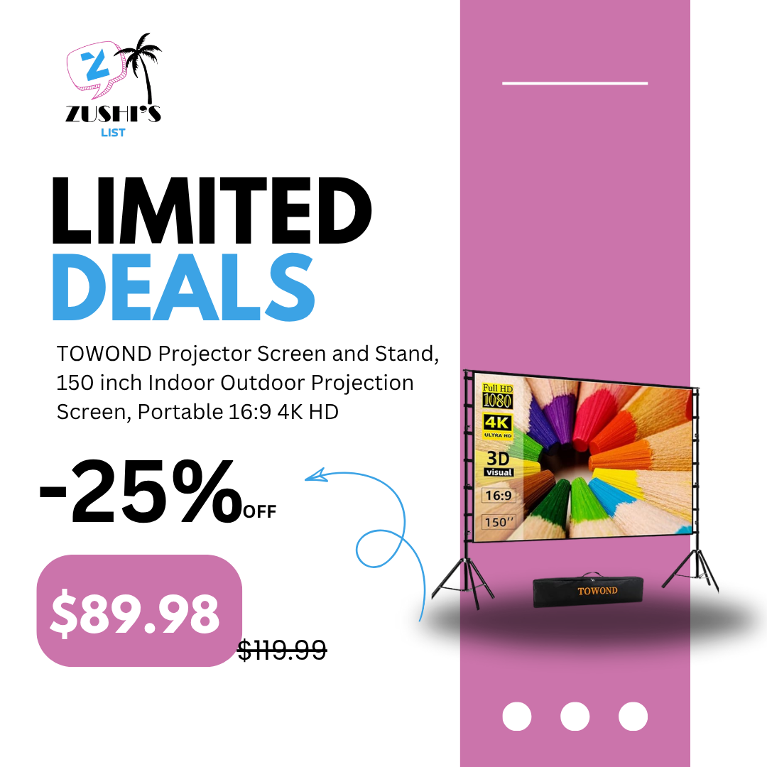 TOWOND Projector Screen and Stand, 150 inch Indoor Outdoor Projection Screen, Portable 16:9 4K HD Rear Front Movie Screen with Carry Bag Wrinkle-Free Design for Home Theater Backyard Cinema