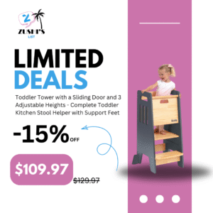 Toddler Tower with a Sliding Door and 3 Adjustable Heights - Complete Toddler Kitchen Stool Helper with Support Feet - Safe Design for 18+ Months to 6-Year-Old Kids - Gray