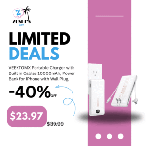 VEEKTOMX Portable Charger with Built in Cables 10000mAh, Power Bank for iPhone with Wall Plug, Travel Essential Fast Charging USB C Slim External Battery Pack for iPhone16/15/14, Samsung, iPad, etc
