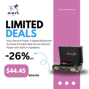 Vinyl Record Player 3-Speed Bluetooth Suitcase Portable Belt-Driven Record Player with Built-in Speakers RCA Line Out AUX in Headphone Jack Vintage Turntable