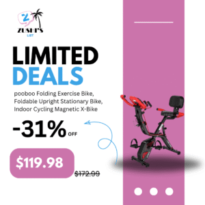 pooboo Folding Exercise Bike, Foldable Upright Stationary Bike, Indoor Cycling Magnetic X-Bike with 8-Level Adjustable Resistance, 6.6 LBS Flywheel, 300LB Capacity, Bottle Holder & Back Support Cushion for Home Gym