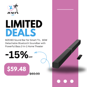 MZEIBO Sound Bar for Smart TV，80W Detachable Bluetooth Soundbar with Powerful Bass, 2-in-1 Home Theater Audio System, ARC/Optical/AUX Connectivity for TV/PC/Laptop/Game Console