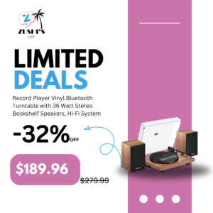 Record Player Vinyl Bluetooth Turntable with 36 Watt Stereo Bookshelf Speakers, Hi-Fi System with Magnetic Cartridge, USB Recording and Auto Stop