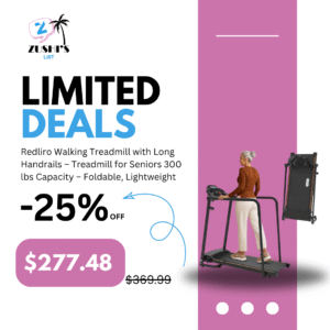 Redliro Walking Treadmill with Long Handrails – Treadmill for Seniors 300 lbs Capacity – Foldable, Lightweight with Wheels, Cup & Phone Holder – Recovery Machine for Home or Apartment