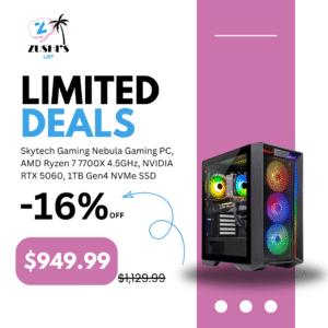Skytech Gaming Nebula Gaming PC, AMD Ryzen 7 7700X 4.5GHz, NVIDIA RTX 5060, 1TB Gen4 NVMe SSD, 32GB DDR5 RAM 5600, 650W Gold PSU, Wi-Fi, Win 11, Desktop