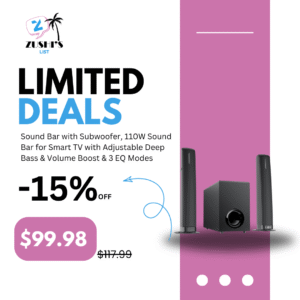 Sound Bar with Subwoofer, 110W Sound Bar for Smart TV with Adjustable Deep Bass & Volume Boost & 3 EQ Modes, Bluetooth/ARC/Opt/AUX, Detachable Soundbar for TV/PC/Gaming/Projector