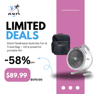 Shark FlexBreeze HydroGo Fan & Travel Bag — Ultra-powerful portable fan with indoor + outdoor evaporative mist. Corded & cordless, White, FA053BRN