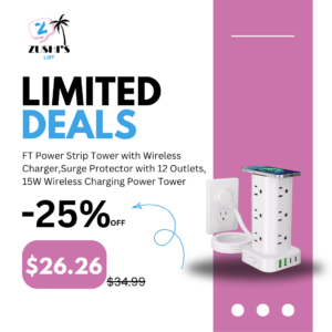 Power Strip Tower with Wireless Charger